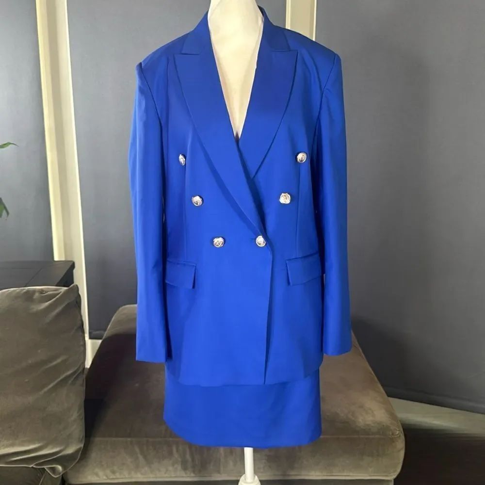 Women’s Blue Double-Breasted Blazer and Skirt Set Size L NEW
